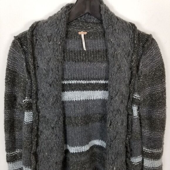 Free People Women Striped Cardigan Sweater Size S Wool Blend Gray Hook & Loop - Picture 2 of 7